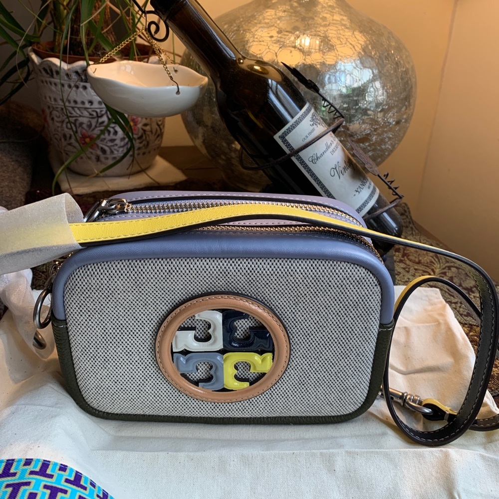 Authentic TORY BURCH Leather/canvas colorblock 2 zips crossbody